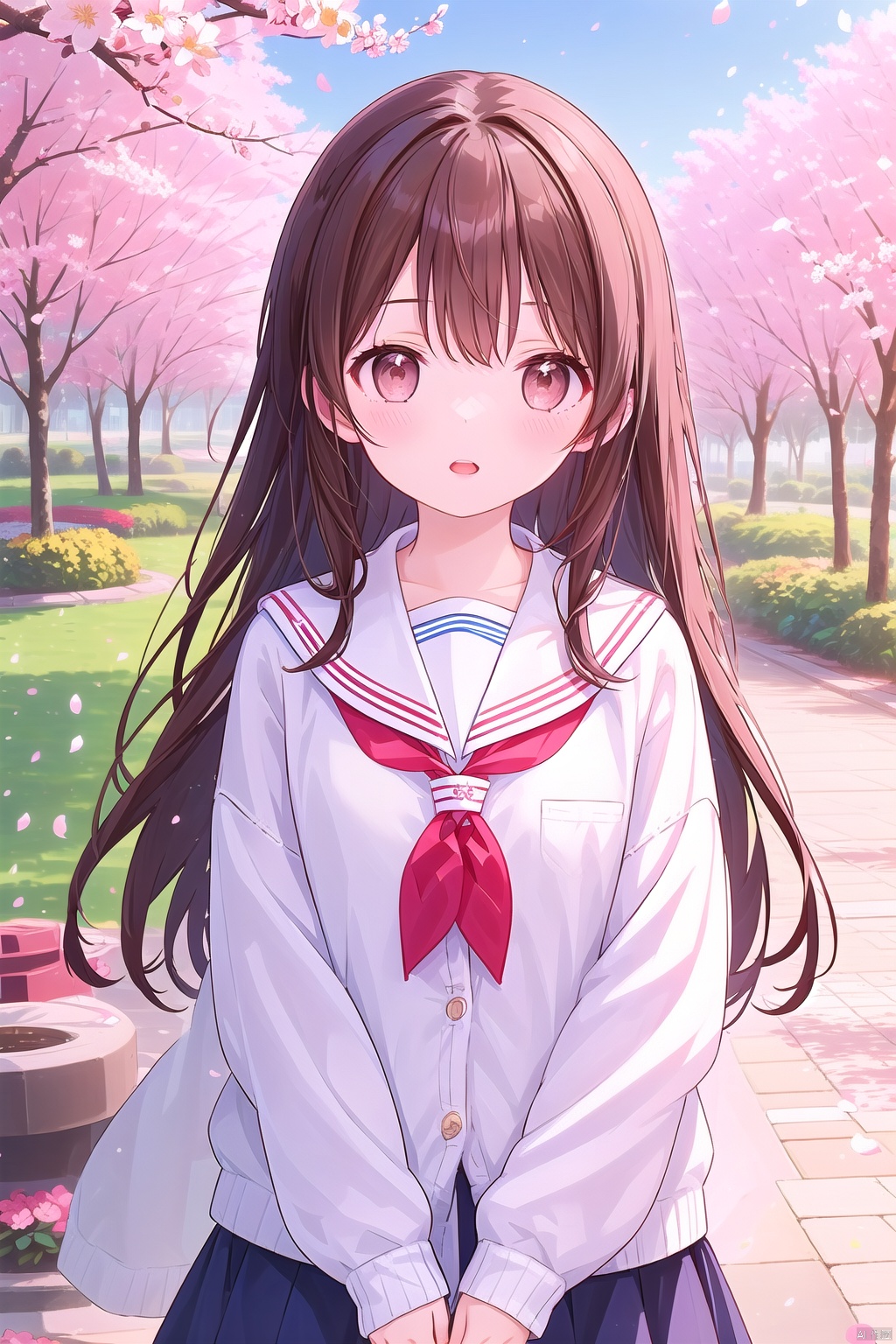  1girl, solo, long hair, looking at viewer, blush, open mouth, bangs, skirt, brown hair, shirt, long sleeves, brown eyes, school uniform, standing, upper body, flower, outdoors, parted lips, sky, serafuku, day, hand up, sailor collar, tree, blue sky, neckerchief, sleeves past wrists, petals, cardigan, blue sailor collar, cherry blossoms, red neckerchief, white cardigan