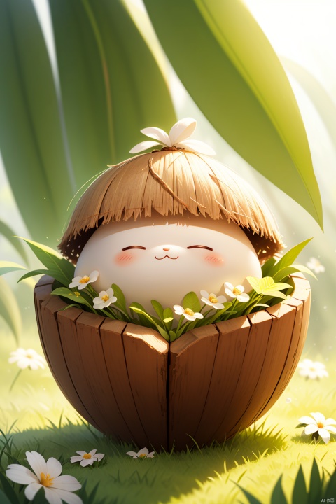 （Red hat：1.2）coconut,Coconut blind box,blush,closed eyes,dandelion,depth of field,flower,grass,hat,leaf,solo,sunlight,white flower