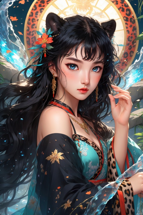  Anime style, (masterpiece: 1.3), best quality, animation works, 1girl, solo, long hair, bangs, hanfu, black hair, wide sleeve flowing fairy skirt, medium hair, black hair, black leopard, photos, 8k, complex, highly detailed, majestic, digital photography, broken glass, (fine and delicate beautiful eyes: 1.2), hdr, lifelike, high-definition, animation style, key vision, vibrant, studio animation, highlydetailed