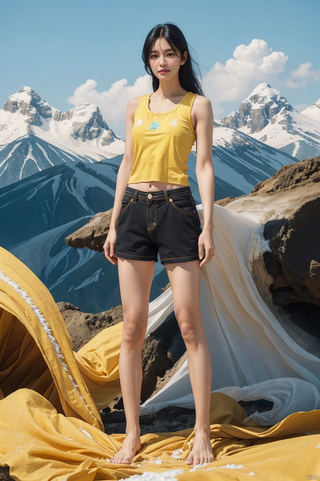  1girl,solo,shorts,cosplay,barefoot,photo background,black hair,navel,**** top,yellow shirt,midriff,bike shorts,shirt,hand on hip,full body,parody,sleeveless,snowfield,flowing snowflakes,flowing hair,,,