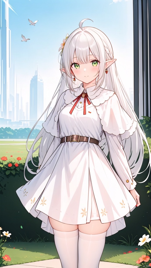  1girl, solo, long hair, looking at viewer, bangs, thighhighs, long sleeves, dress, twintails, jewelry, closed mouth, green eyes, standing, flower, ahoge, white hair, earrings, boots, outdoors, sky, pointy ears, belt, cloud, white dress, white thighhighs, parted bangs, petals, capelet, feet out of frame, bird, brown footwear, cloudy sky, white flower, elf, red nails, white capelet