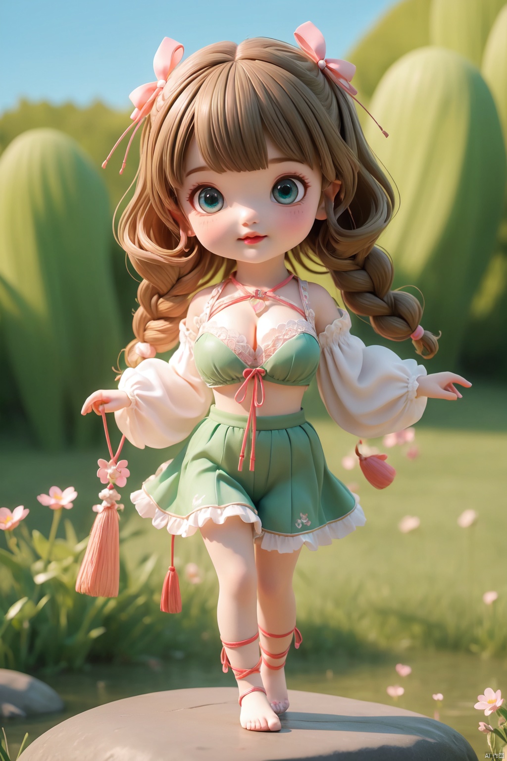  ultra high resolution, best quality, extremely detailed CG unity 8k wallpaper, ultra-fine, extreme detail, masterpiece, high resolution, full-body photo, full_shot, huge filesize, available light,3D,
panorama, landscape,wide_shot, (dynamic_pose:1.2),
1girl, solo, young girl, loli, curvy, petite, curly hair, braided bangs, bangs,
red_lips, long_eyelashes, blush, mole_under_eye, attention to facial details, beautiful detailed eyes, 
cleavage, low-cut, unbuttoned clothes, slender_waist, 
hair_ribbon, lace-trimmed_hairband, barefoot, 
outdoors, in summer, day, scenery, beautiful green countryside, country field, colourful_suits, cute clothing, 3d stely,cute girl