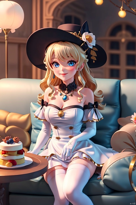  1girl, solo, long hair, breasts, looking at viewer, blush, smile, bangs, blue eyes, blonde hair, large breasts, thighhighs, gloves, hat, dress, cleavage, bare shoulders, jewelry, medium breasts, sitting, very long hair, closed mouth, flower, earrings, food, black gloves, elbow gloves, indoors, necklace, white dress, white thighhighs, zettai ryouiki, window, black headwear, strapless, rose, table, couch, strapless dress, plate, cake, hat flower, on couch