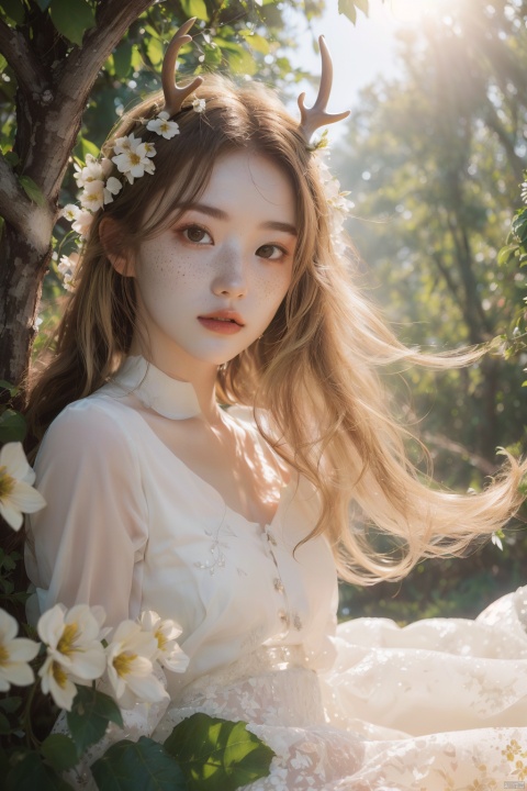  Vintage portrait, photography style, soft focus, pure face,Deer, girl, antlers, vine with leaves, Blonde hair, European and American advanced face, freckles, Detailed light and shadow, Wind, (Strong Sunshine),Two plaits, The forest,Front light source,
, (\xing he\), tm, flowing skirts,Giant flowers,