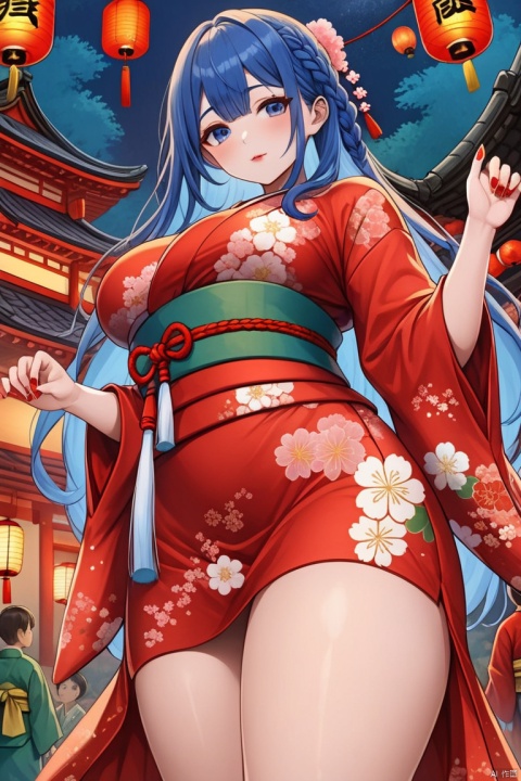 score_9, score_8_up, score_7_up, 1girl, solo, long hair, breasts, looking at viewer, large breasts, dress, blue hair, standing, braid, thighs, japanese clothes, kimono, nail polish, lips, sash, night, colored skin, looking down, short dress, floral print, from below, red dress, red nails, blue skin, paper lantern