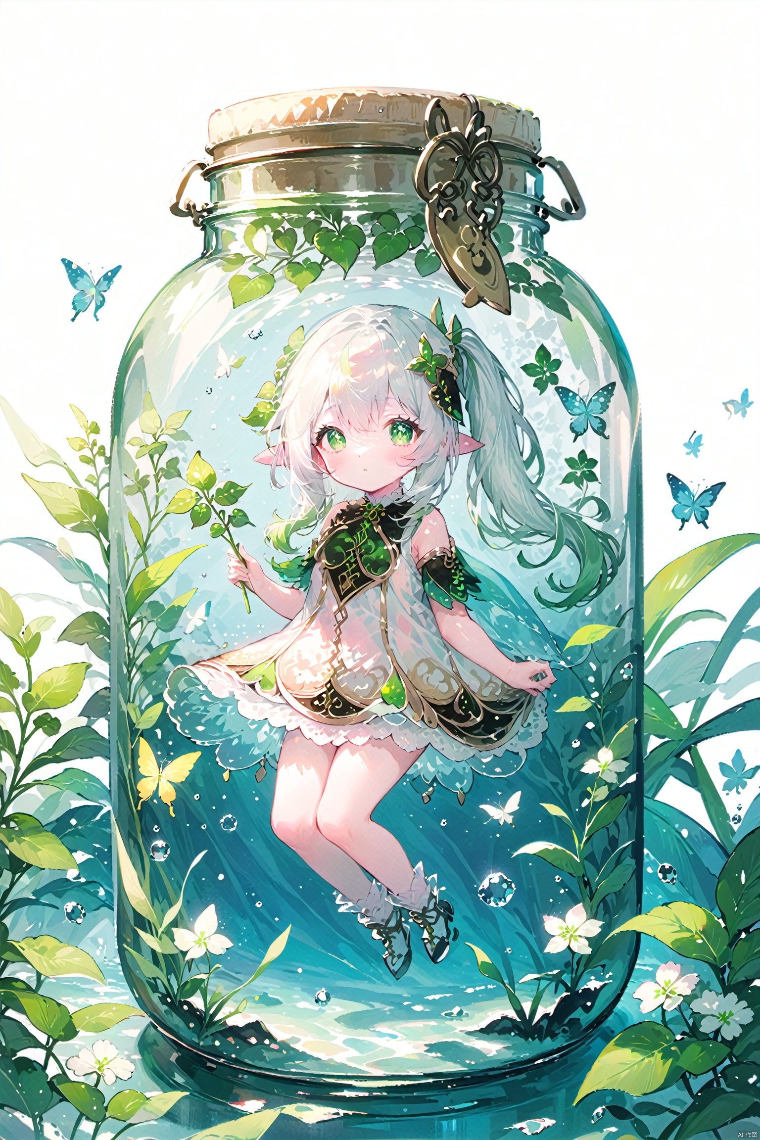  (masterpiece), (best quality),((loli)),[(white background:1.45)::5],(transparent background:1.3), 1girl,clover theme, plant,ice, underwater,butterfly, (glass jar:1.15), (girl in jar:1.35), nahida