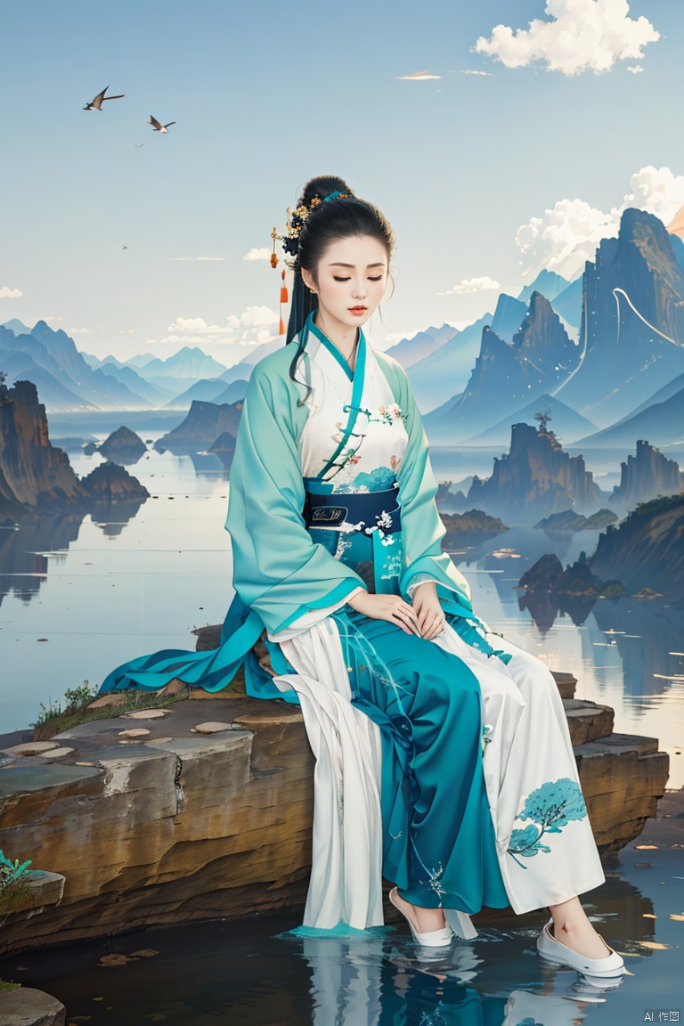  1girl, solo, long hair, black hair, hair ornament, long sleeves, dress, sitting, closed eyes, outdoors, sky, day, cloud, water, hair bun, blue sky, bird, chinese clothes, single hair bun, rock, mountain, forehead mark, hanfu