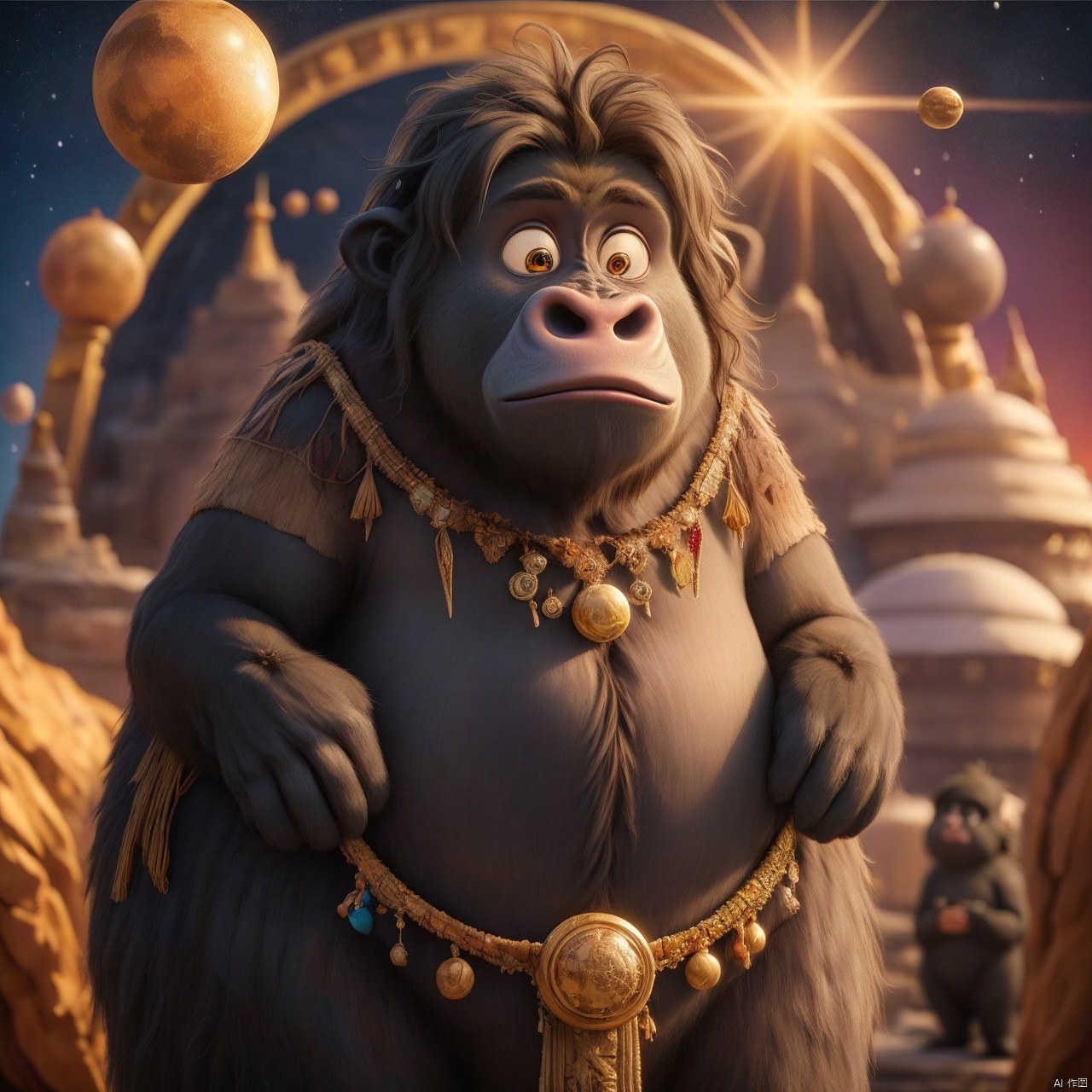  master piece, high quality, 
fat cute gorilla ,
 with a belly, fat,cute, wu,In space,
Planets made of gold and gemstone materials,, gold and gemstones,Sunrise,
Holy radiance,The solar system made of gold and gemstones, shine eyes01,A glowing planet, Depth of Field