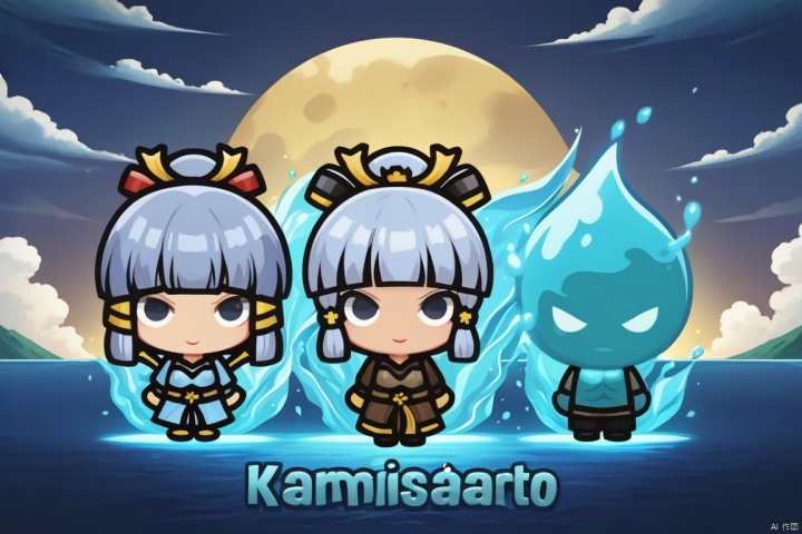  Three game characters, water elemental, KAMISATO AYAKA, masterpiece, title