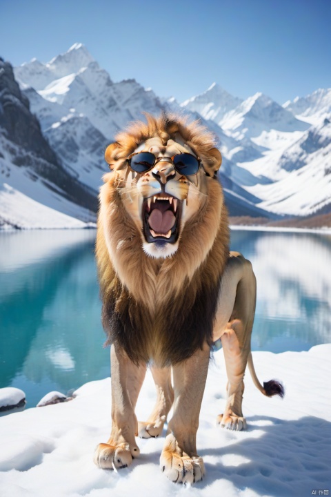  A lion with sunglasses, showing a hilarious expression of astonishment and laughter, standing in a snowy wilderness. The majestic creature is framed by snow-covered mountains and a pristine frozen lake reflecting the bright blue sky. With a slight motion blur, the lion's regal stance captivates the viewer, creating a humorous and enchanting scene.