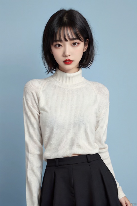  1girl, solo, black hair, looking at viewer, short hair, parted lips, red lips, upper body, blue background, black eyes, lips, shirt, teeth, sweater, turtleneck, bangs, simple background, black shirt, makeup, lipstick, UHD, anatomically correct, ccurate, textured skin, 16k, flowing skirts,Giant flowers,