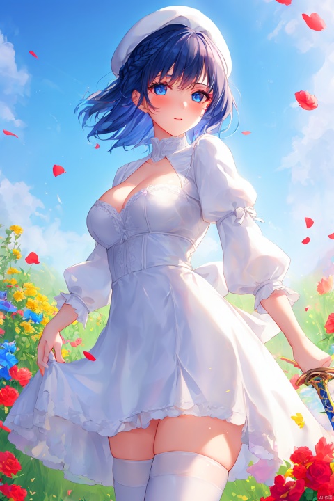 1girl, solo, breasts, looking at viewer, short hair, bangs, blue eyes, thighhighs, long sleeves, hat, dress, bow, holding, cleavage, medium breasts, blue hair, standing, weapon, braid, flower, outdoors, frills, sword, holding weapon, white dress, white thighhighs, petals, holding sword, ice, backless outfit, rapier
