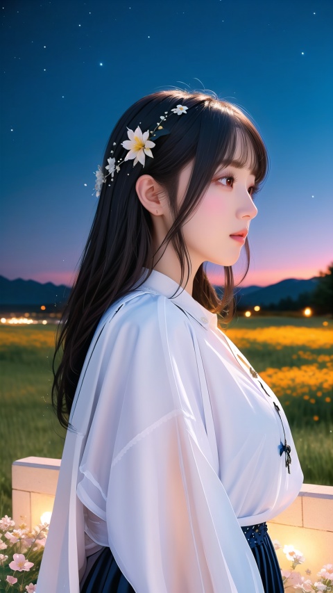  (Best quality), (masterpiece), (detailed details), movie poster, the rendered night sky is full of mystery and magic, as if in the distant space. Bright stars, or dense or sparse, like a pearl inlaid on the sky. The sky is full of flowers, cute and detailed digital art, and anime illustrations,