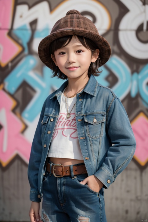 10 years old, child, 1boy, solo, short hair, looking at the audience, smiling, bangs, brown hair, grid shirt, hat, brown eyes, jewelry, jacket, plaid shirt, denim lens, open dress, belt, pants, necklace, open jacket, lips, crop top, denim, jeans, realistic, beanie, pink jacket, graffiti