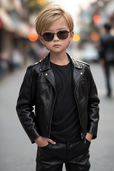  Photo, 10 year old child, single, looking at the audience, short hair, blonde hair, shirt, long sleeve, 1boy, Closed mouth, Standing, Jacket, Male Focus, Cowboy shot, Outdoor, pants, blur, Open Jacket, Black Jacket, black shirt, Depth of Field, Blur Background, Black pants, Sunglasses, Realistic, hands in pockets, leather, Bokeh, Leather jacket, Professional photography, real,