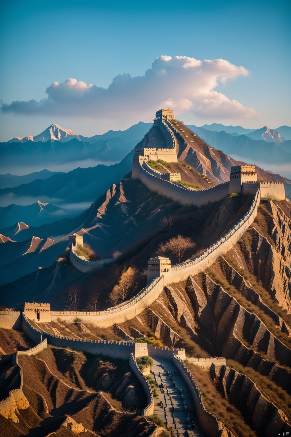  A breathtaking masterpiece featuring the stunning beauty of the Great Wall of China in an 8k resolution. The image showcases the intricate details and complexity of this ancient architectural wonder. The scene is bathed in vibrant colors, with a vibrant red dominating the composition, symbolizing the rich cultural heritage of China. Towering mountains serve as a majestic backdrop, accentuating the grandeur of the Great Wall. Lush trees dot the landscape, adding a touch of serenity to the scene. The sky is adorned with fluffy, white clouds, hinting at a calm and peaceful day. The image is rendered with the utmost precision and clarity, capturing every minutiae of the Great Wall and its surroundings. The scene is bathed in natural sunlight, casting a warm, golden glow on the entire composition, enhancing the overall visual appeal.

, Wide angle,hdr