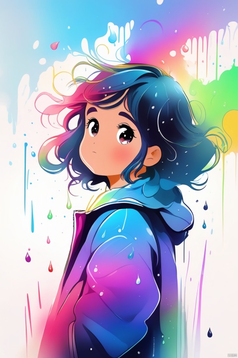  A girl,solo,cute,lines,rainbow colors,colored spray paint,colored inkdrops,, children, 1girl, simple drawing, concept art