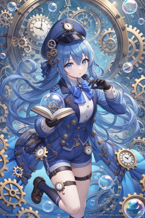 1girl, solo, long hair, looking at viewer, bangs, blue eyes, gloves, long sleeves, hat, bow, hair between eyes, blue hair, jacket, parted lips, shorts, black gloves, socks, book, thigh strap, bubble, clock, company name, gears