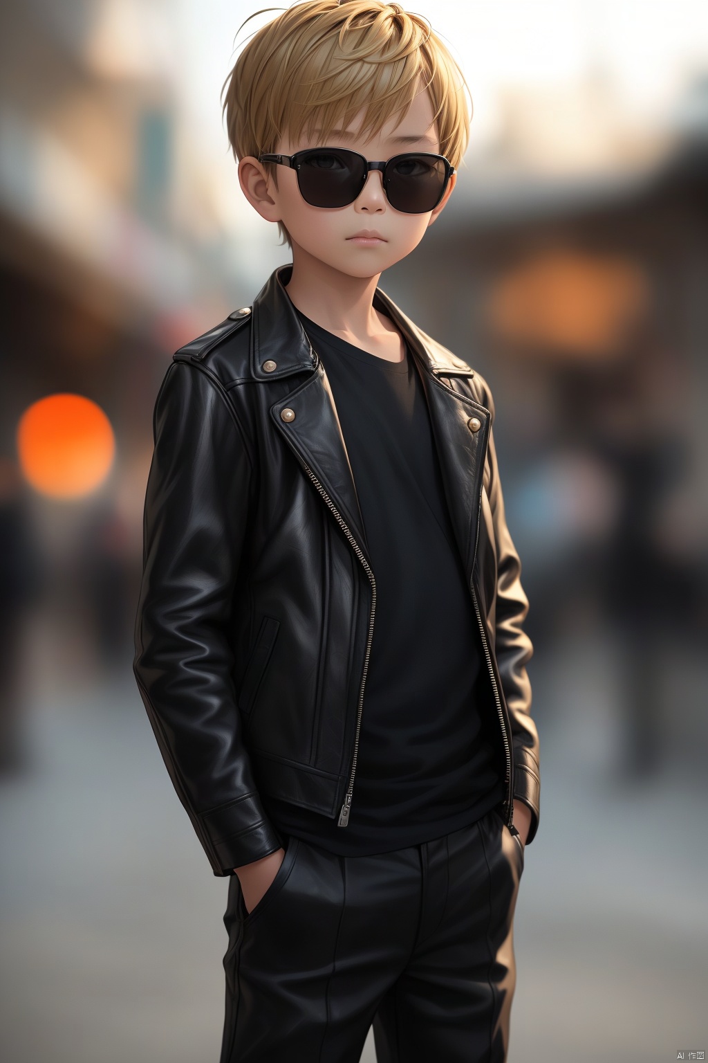  Photo, 10 year old child, single, looking at the audience, short hair, blonde hair, shirt, long sleeve, 1boy, Closed mouth, Standing, Jacket, Male Focus, Cowboy shot, Outdoor, pants, blur, Open Jacket, Black Jacket, black shirt, Depth of Field, Blur Background, Black pants, Sunglasses, Realistic, hands in pockets, leather, Bokeh, Leather jacket, Professional photography, real,