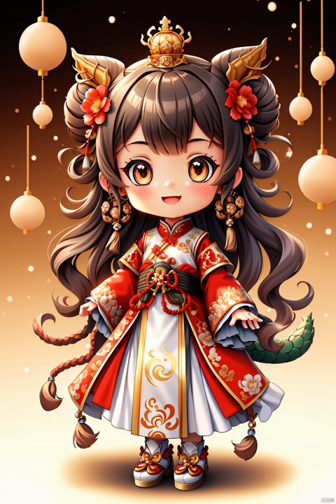  1girl, :d, animal, bangs, blush, brown hair, chinese clothes, double bun, dragon, dragon horns, dragon tail, earrings, eastern dragon, eyebrows visible through hair, flower, hair flower, hair ornament, hair rings, jewelry, long hair, long sleeves, looking at viewer, new year, open mouth, scales, smile, snake, solo, tail, tassel, very long hair, wide sleeves