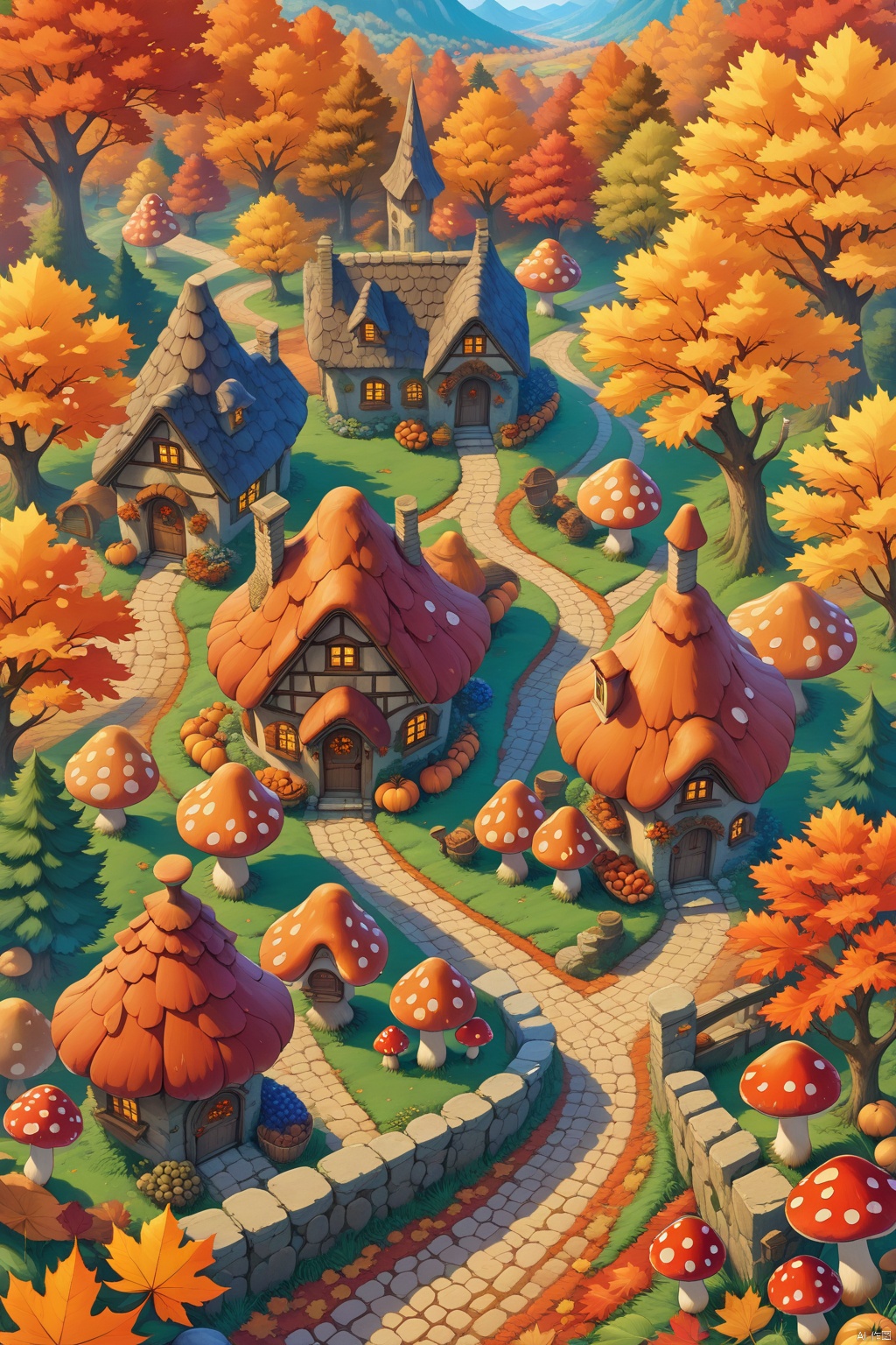  Mushroom houses, trees, roads, HD, masterpieces, best quality, autumn, harvest fruit,