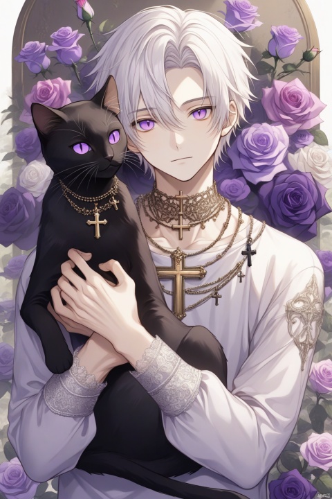  solo, looking at viewer, short hair, long sleeves, 1boy, holding, jewelry, purple eyes, flower, white hair, male focus, necklace, rose, animal, cat, cross, purple flower, black cat, holding animal, holding cat
