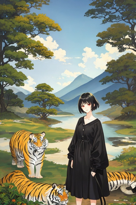  1 girl, short hair, black hair, red eyes, 1 boy, outdoors, trees, tigers, animals, nature, oversized animals