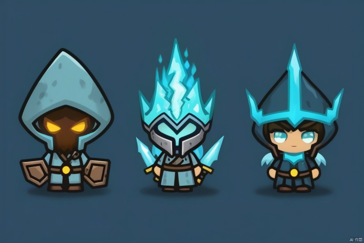 Three game characters, mecha-clad warrior, ice elemental mage, wizard