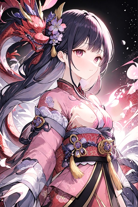  masterpiece, best quality, 1girl, wear pink chinese traditional hanfu,floral print,pink dragon on the left side behind,super detailed,8K,wallpaper,illustration,red and grey black illustration,intricate details,clear lines,bright and soft light, (\lei dian jiang jun\)