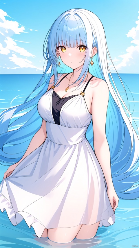 1girl, solo, long hair, breasts, looking at viewer, bangs, dress, bare shoulders, jewelry, very long hair, blue hair, yellow eyes, white hair, multicolored hair, earrings, sleeveless, water, floating hair, sleeveless dress, fire, wading