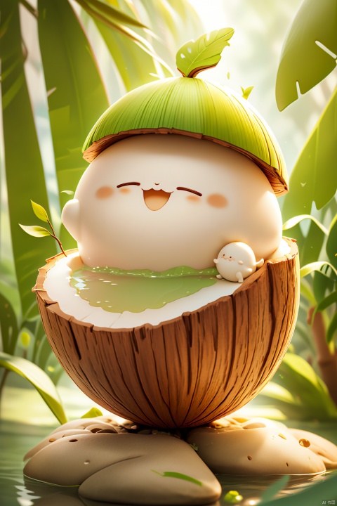 Hat,coconut,Coconut blind box,closed eyes,depth of field,leaf,light rays,open mouth,smile,sunlight