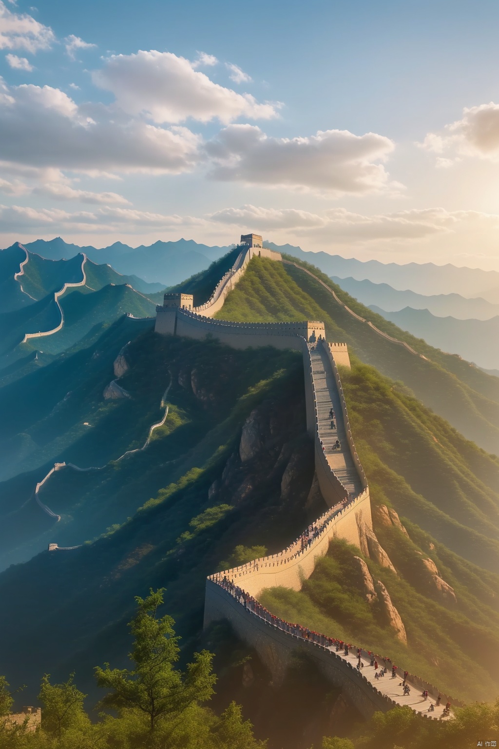  A breathtaking masterpiece featuring the stunning beauty of the Great Wall of China in an 8k resolution. The image showcases the intricate details and complexity of this ancient architectural wonder. The scene is bathed in vibrant colors, with a vibrant red dominating the composition, symbolizing the rich cultural heritage of China. Towering mountains serve as a majestic backdrop, accentuating the grandeur of the Great Wall. Lush trees dot the landscape, adding a touch of serenity to the scene. The sky is adorned with fluffy, white clouds, hinting at a calm and peaceful day. The image is rendered with the utmost precision and clarity, capturing every minutiae of the Great Wall and its surroundings. The scene is bathed in natural sunlight, casting a warm, golden glow on the entire composition, enhancing the overall visual appeal.

, Wide angle,hdr,真实