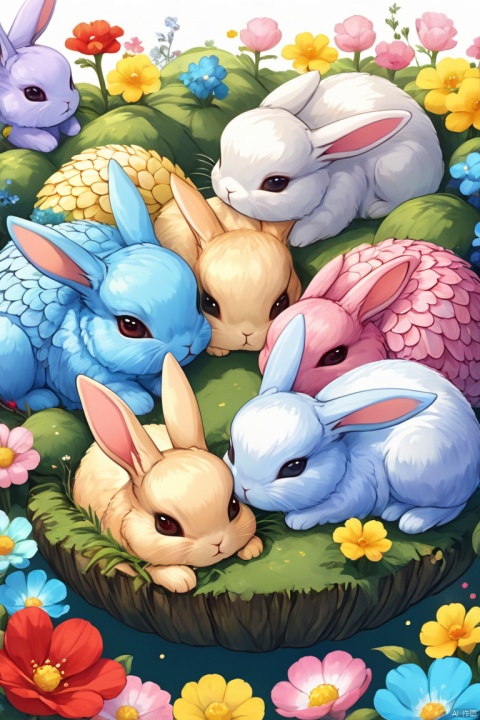 score_9, score_8_up, score_7_up, score_6_up, score_5_up, score_4_up, closeup adorable TINY colorful (bunny:1.3), tiny, curled_up, sleeping IN A FLOWER, chibi, flower nest, ethereal, soft, hyper detailed, realistic, iridescent scales, beautiful, COLORFUL