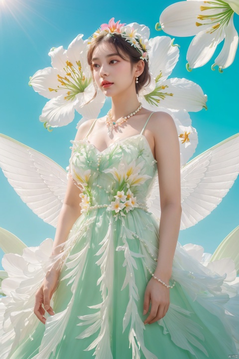  Quality, 8K, extremely intricate details, 1 girl, Lolita, gradient color, careful eyes, transparent wings, gradient art, in the flowers, (huge lily :1.1), sky, (White cloud :0.9), full lens, necklace, pearls and jewelry, 1 girl, flowing dress, light green dress, huge flowers, wide Angle, hdr