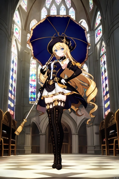 1girl, solo, long hair, looking at viewer, blue eyes, blonde hair, thighhighs, gloves, hat, dress, holding, standing, full body, boots, detached sleeves, belt, black thighhighs, indoors, hand on hip, umbrella, thigh boots, drill hair, holding umbrella, parasol, stained glass, church