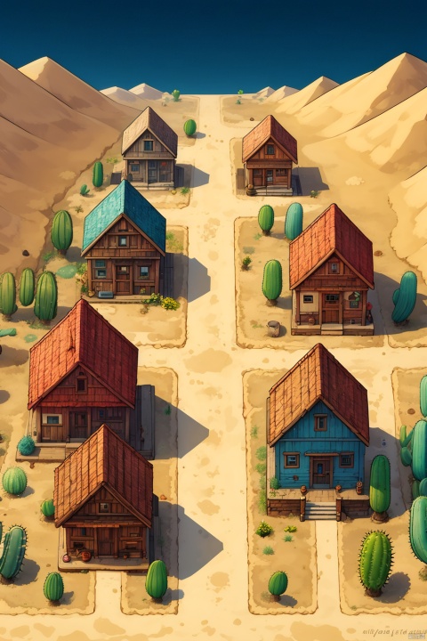  a dry wild west ghost town in a sandy desert with cactus, wooden buildings