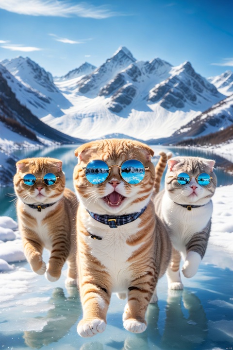 A bunch of Scottish fold cats in stylish sunglasses, surprised, cute, laughing,  outdoors, sky, day, blue sky, no humans, scenery, snow, reflection, ice, mountain, motion blur, lake, frozen