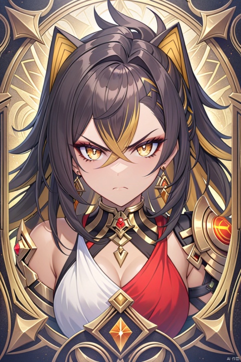 Game cards, exquisite borders, masterpieces, perfect symmetry, golden ratio,solo,DEHYA\(genshin impact\),portrait,upper_body,highres,Fierce, angry, grumpy, rough