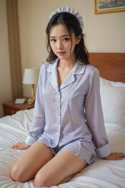 score_9, score_8_up, score_7_up, score_6_up, score_5_up, score_4_up, Hong Kong girl, translucent, pajamas, maid, bed, hotel, bust photo, photo, best picture quality, multi-effect, HD, real