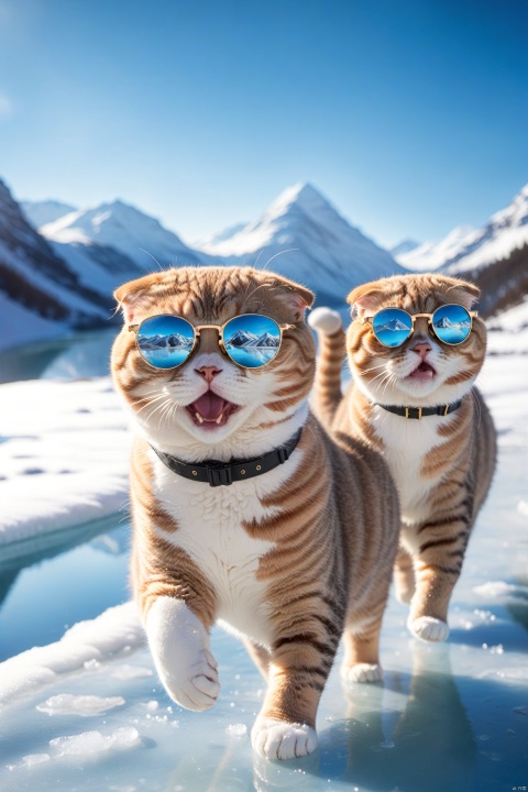  A bunch of Scottish fold cats in stylish sunglasses, surprised, cute, laughing, outdoors, sky, day, blue sky, no humans, scenery, snow, reflection, ice, mountain, motion blur, lake, frozen