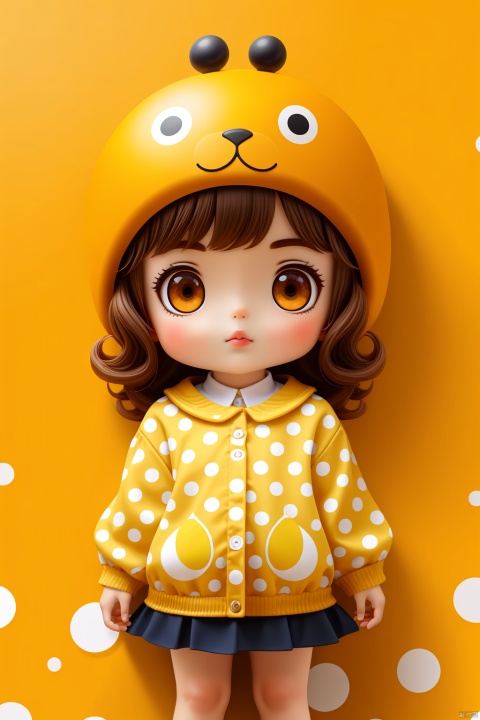  A 5 year old girl, yellow polka dot top, orange background, representative, best quality, banana pattern background wall