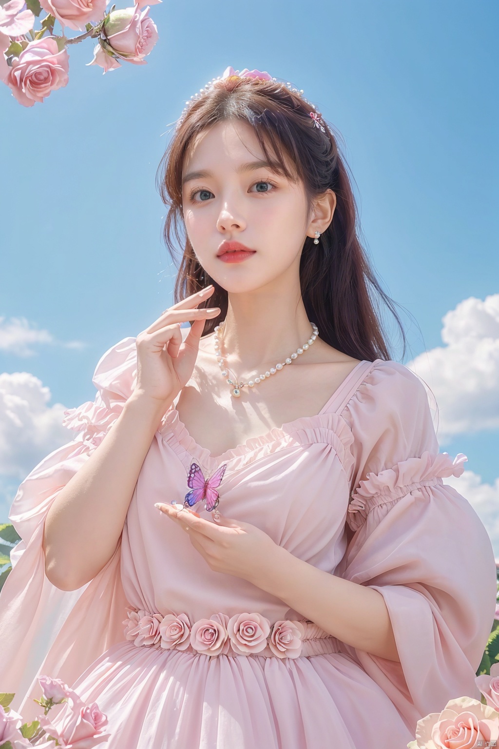  quality, 8K, extremely complex details, 1girl, lolita, careful eyes, looking_at_viewer, butterfly, gradient art, in the flower cluster, (rose:1.1), sky, (white cloud:0.9), full_shot, necklace, pearls andjewels, , 1girl, moyou