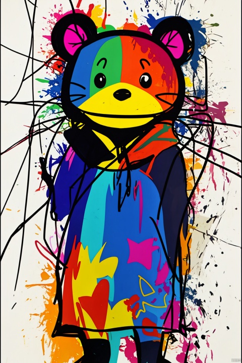  A cute animal,solo,cute,lines,rainbow colors,colored spray paint,colored inkdrops,, Cluttered lines