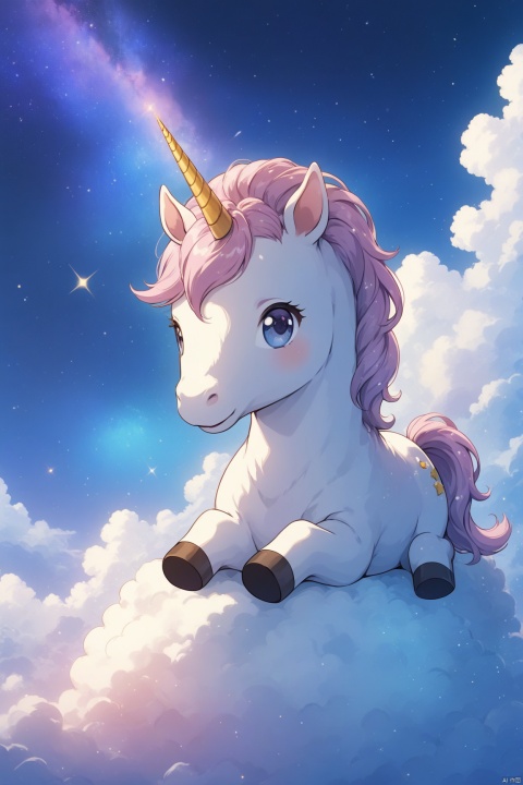  Spirit animal, score_9, score_8_up, score_7_up, score_6_up, score_5_up, score_4_up, sparkling kawaii little baby unicorn sitting on a cloud of nebula dust, light shines through, magical artifact, very detailed, amazing quality, intricate, cinematic light, highly detail, beautiful, surreal, dramatic, galaxy, Anime style