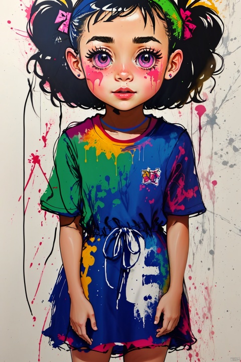  A girl,solo,cute,lines,rainbow colors,colored spray paint,colored inkdrops,, children, 1girl, simple drawing