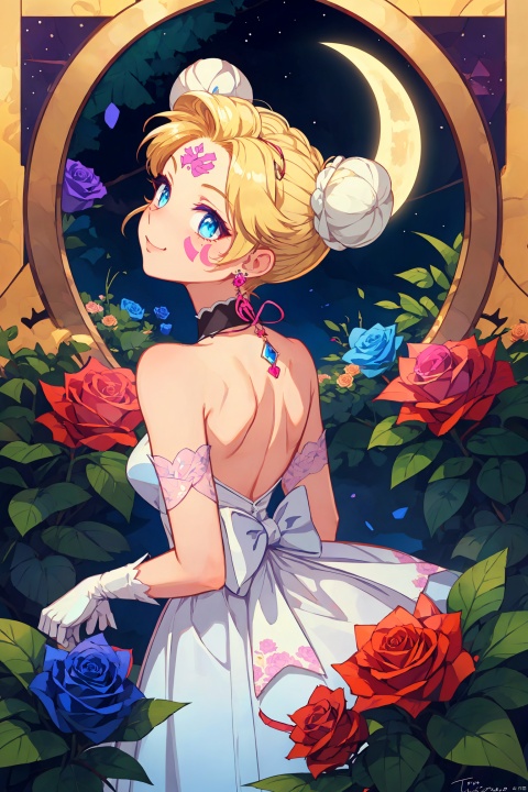   blue_flower,blue_rose,pink_rose,purple_rose,red_rose,rose,white_rose,tsukino_usagi,black_rose,double_bun,flower,1girl,crescent,yellow_rose,pink_flower,thorns,crescent_facial_mark,blonde_hair,black_flower,rose_petals,gloves,crescent_moon,bow,squiggle,spoken_squiggle,princess_serenity,white_gloves,purple_flower,green_flower,dress,elbow_gloves,facial_mark,solo,rose_print,back_bow,white_flower,earrings,twintails,blue_eyes,very_long_hair,venus_symbol,forehead_mark,red_flower,jewelry,moon,