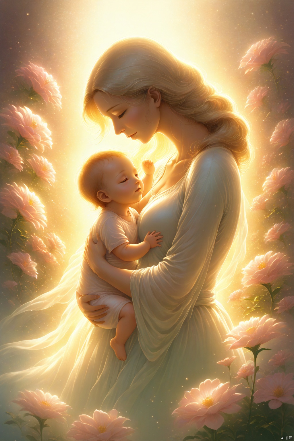 In the soft light of the early morning, mother and baby embrace each other in blooming flowers, capturing a moment of tenderness. The ethereal light accentuates their characteristics in a surrealist manner, creating a dreamlike atmosphere that resonates with the essence of love. The focus is on their faces