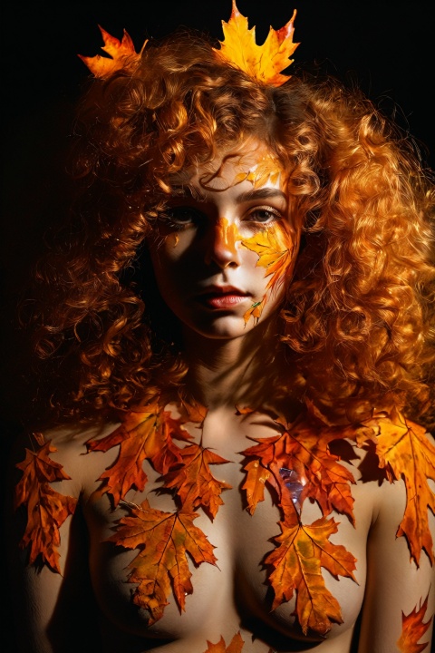 1girl, curly hair, in the dark, deep shadow, Angel wings, Autumn, maple leaves, Body painting, macro photo, UHD, anatomically correct, 16k, textured skin