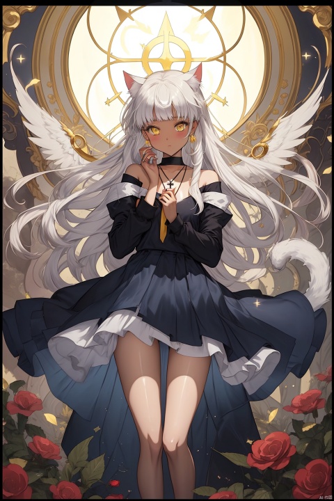  {masterpiece},white hair,yellow eyes,aqua eyes,looking up,stockings,dark skin,long hair,hime cut,messy hair,floating hair,demon wings,halo,cross necklace,holy,divinity,shine,holy light,cat girl,(loli),(petite),solo,cozy anime,houtufeng,letterboxed,1 girl,2Dconceptualdesign
负向提示