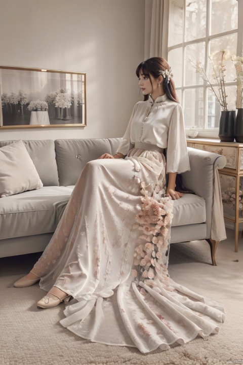  masterpiece, panorama,a girl, solo focus, half_body,long hair, dress, sitting in sofa, a delicate sitting room, a photo frame on the wall, velvet curtains, sofa in modern minimalist style, ((carpet)) on the floor, beautiful flowers,skirt_lift,cns_dress,真实, flowing skirts,Giant flowers,